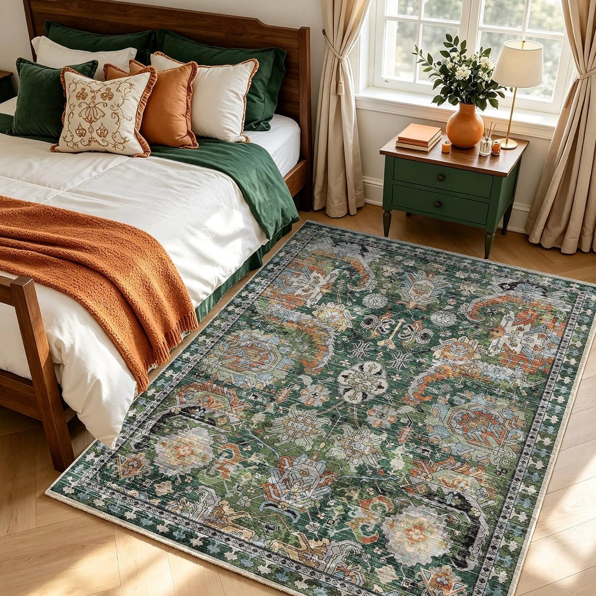 NEW Anthropologie Green Vintage Floral Boho Washable Area Rug Carpet - 5' x 7'