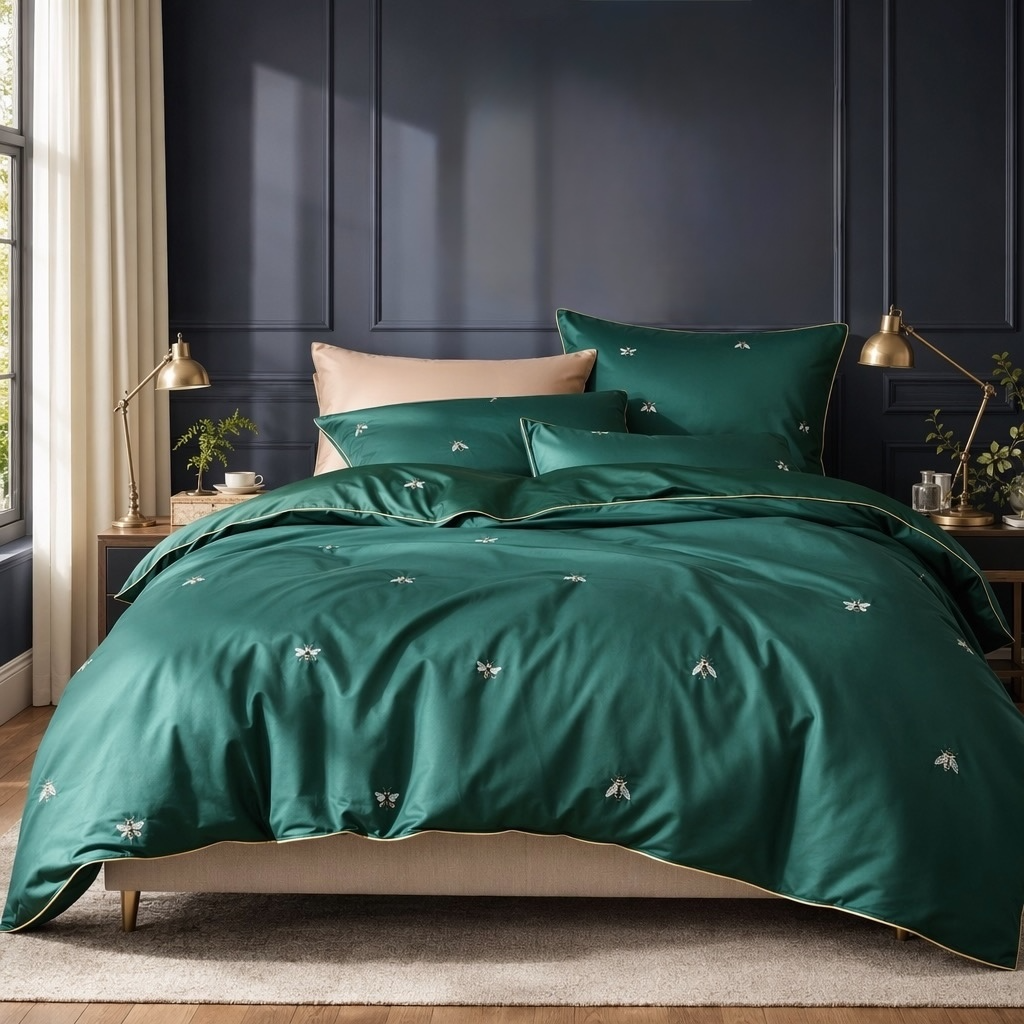 NEW Anthropologie Emerald Green Bee Boho Queen Size Bedding Duvet Sham Case Set