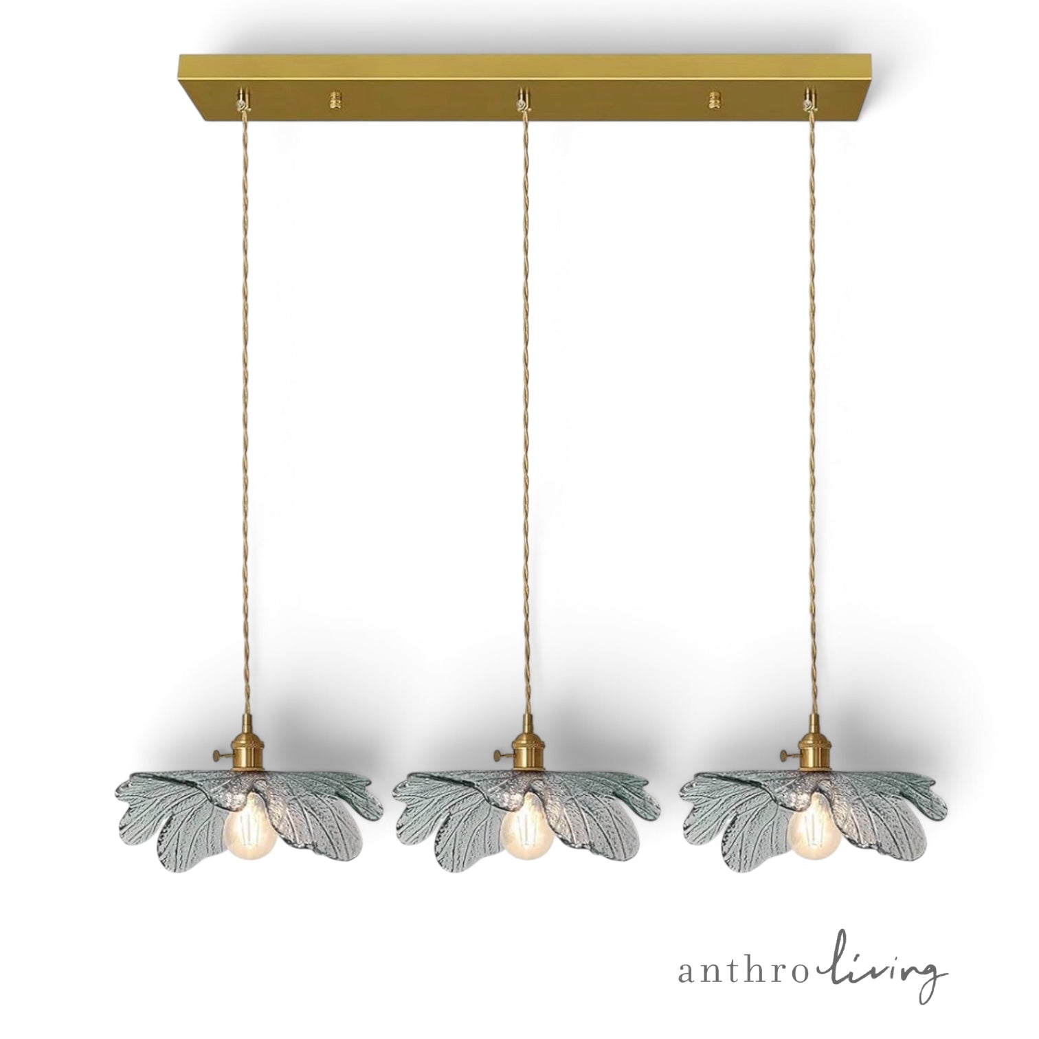 NEW Anthropologie 3-Light Blue Gold & Blue Glass Floral Light Fixture Chandelier