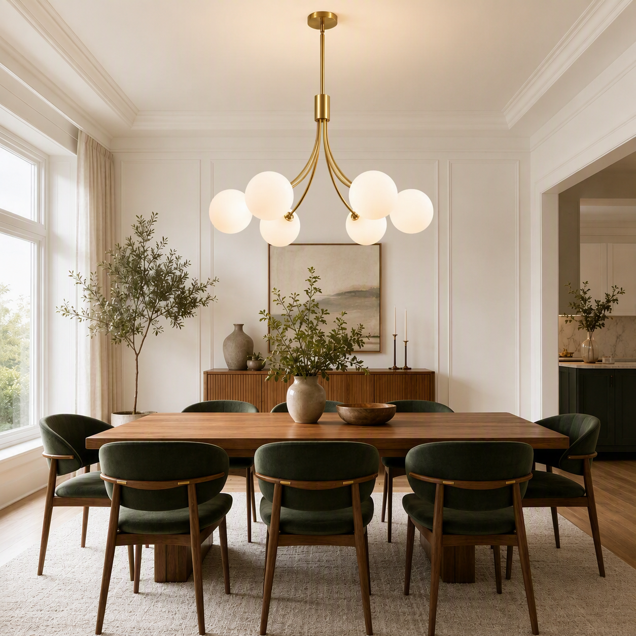 NEW West Elm XL 6-Light Gold & White Globe Boho Chandelier Hanging Light Fixture