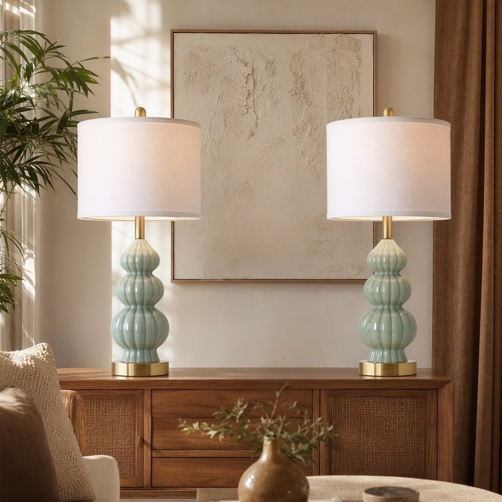 NEW Anthropologie Set / 2 Sage Green Gold Ceramic Boho Table Lamps Lighting 28"