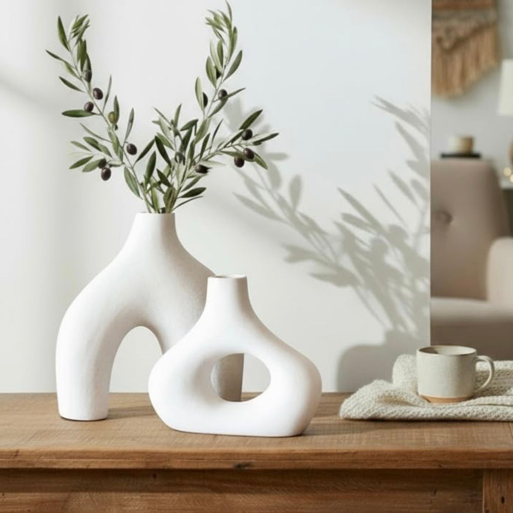 NEW West Elm (Set 2) Large Cream Abstract Boho Ceramic Abstract Flower Vase Set