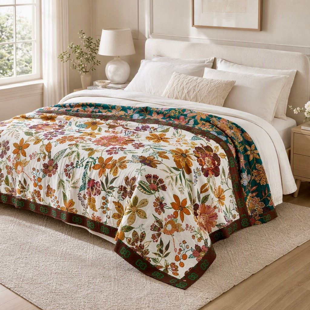 New Anthropologie Boho Floral Reversible Throw Blanket Bedspread Quilt 80" x 60"