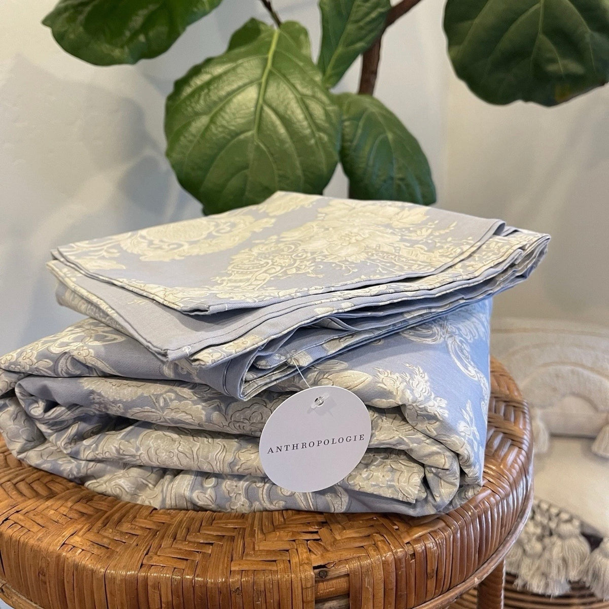 NEW Anthropologie Blue Damask Lux 100% Cotton Boho Queen / King Bedding Duvet Sham Set