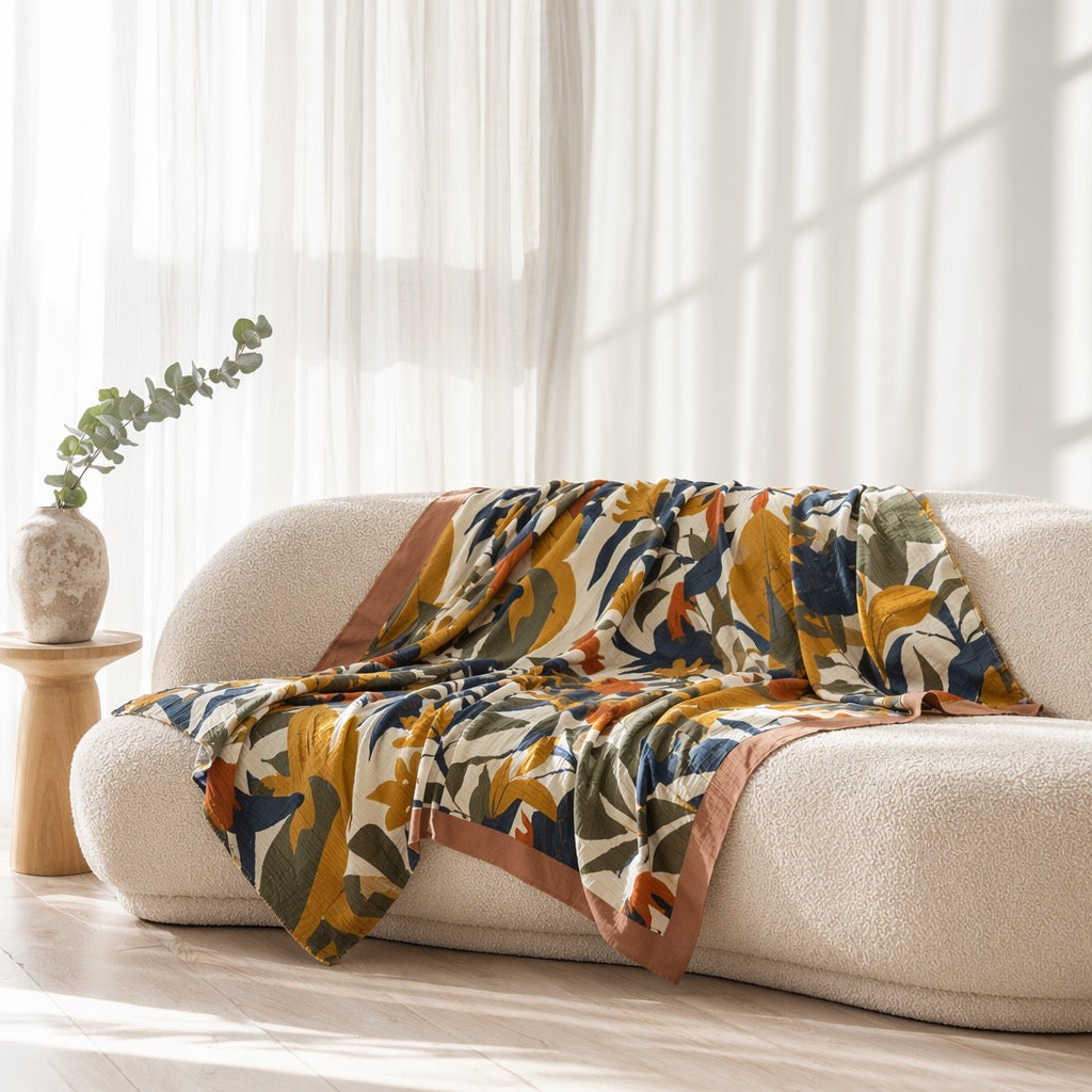 NEW Anthropologie Queen Boho Floral Reversible Blanket Bedspread Quilt 98" x 92"