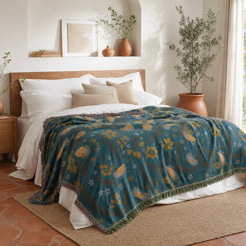 NEW Anthropologie Teal Reversible Boho Bird Blanket Bedspread Quilt 80" x 60"