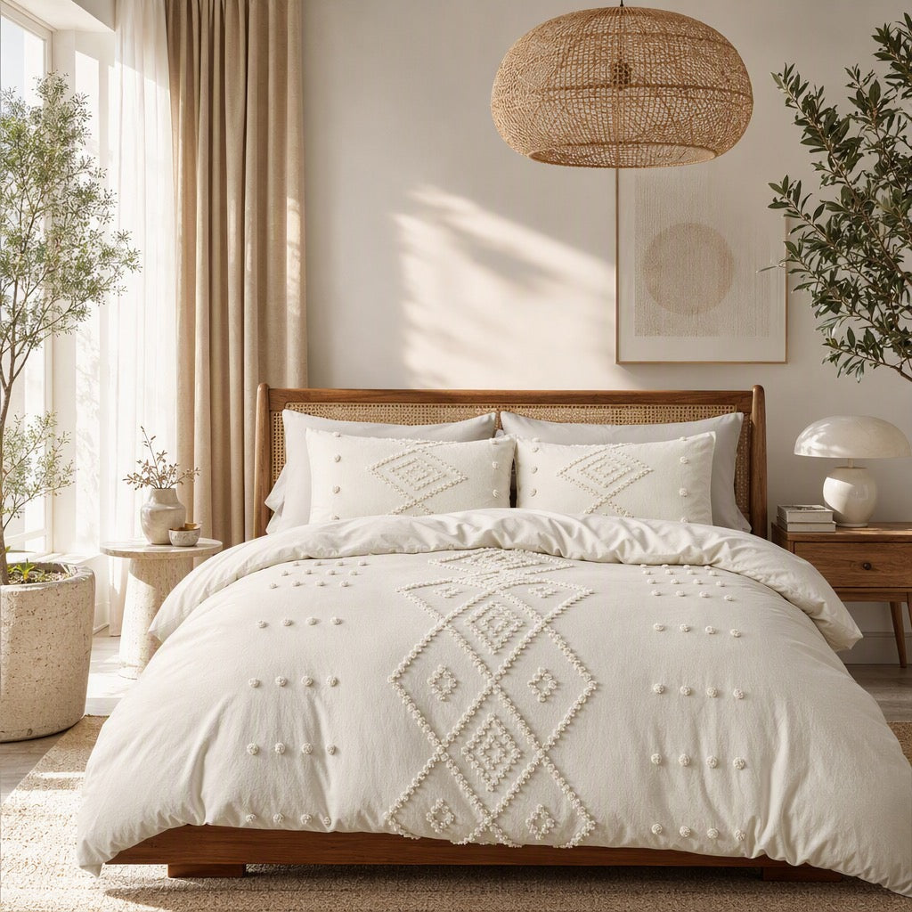 NEW Anthropologie Cream Boho King / Queen Tassel Fringe Bedspread Duvet Sham Set