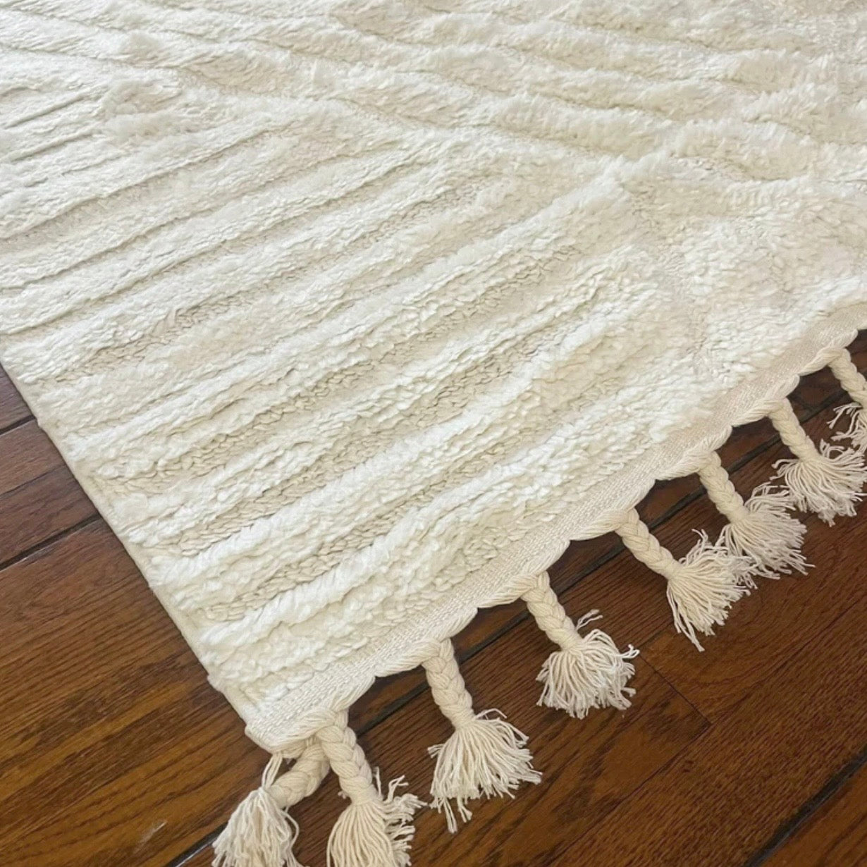 NEW West Elm White Cream Boho Tassel Geometric Shag Area Rug Carpet - 4' x 6'