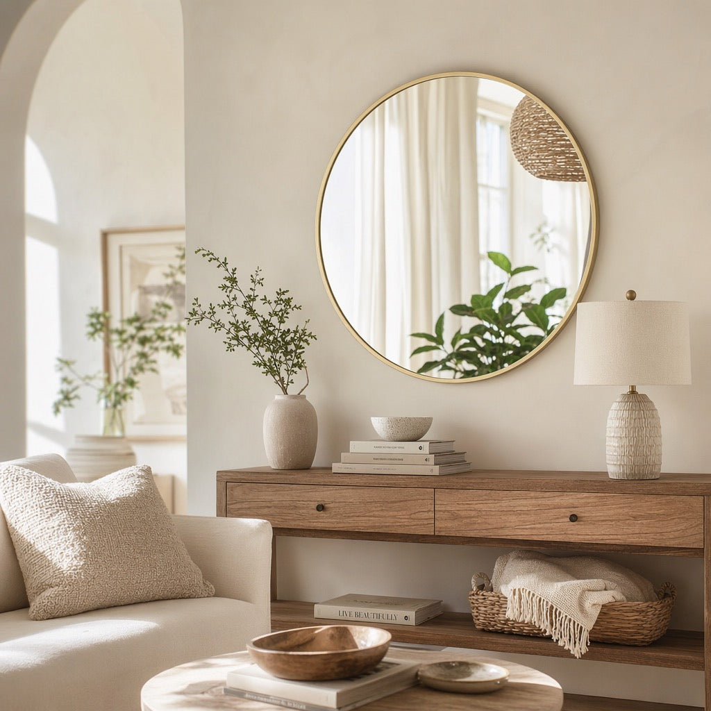 NEW West Elm Gold Circle Round Metal Framed Boho Wall Entry Mirror - 24" x 24"