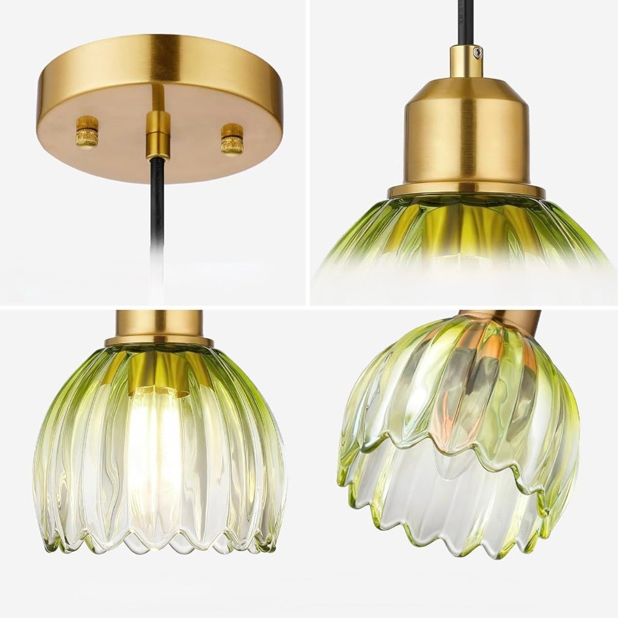 NEW West Elm Vintage Retro Green Gold Glass Tulip Hanging Pendant Light Fixture