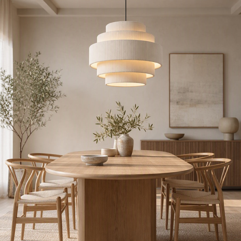 NEW West Elm 5-Tier Boho Beige Corduroy Boho Chandelier Hanging Light Fixture