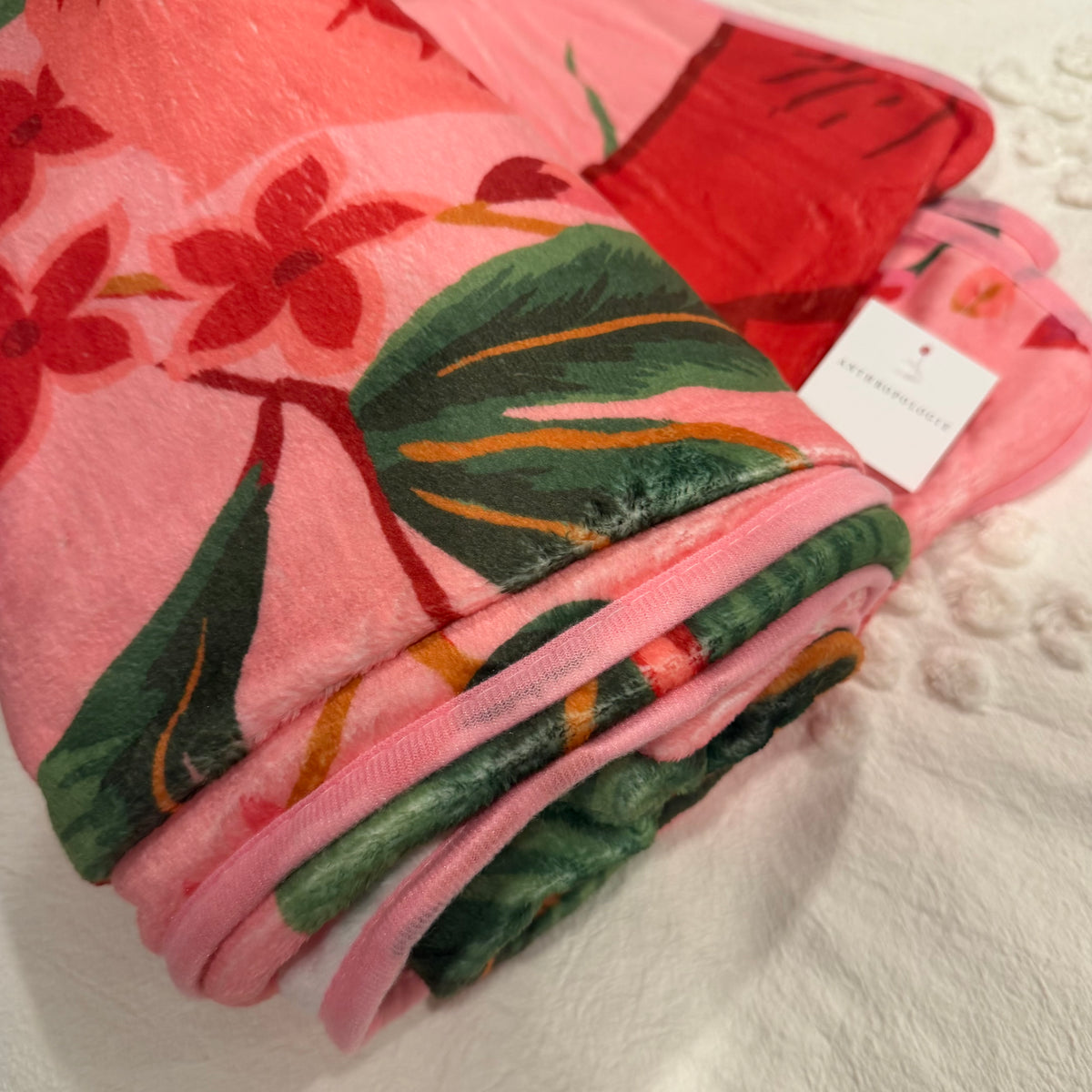 NEW Anthropologie XL Queen Boho Red Floral Fleece Throw Blanket Bedspread 90x90