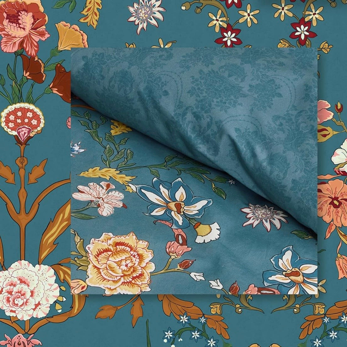 NEW Anthropologie Teal Multicolor Floral 100% Cotton Duvet Bedding & Sham Set