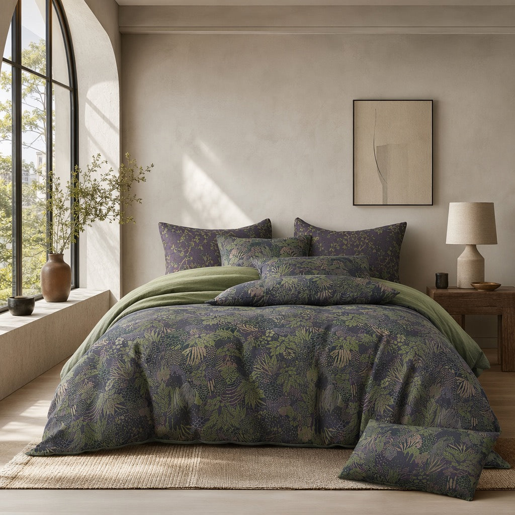 NEW Anthropologie Green Purple Floral Muslin Queen / King Bedding Duvet Sham Set
