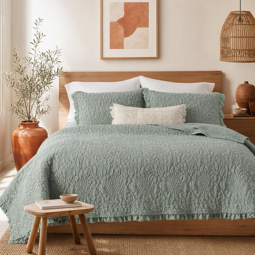 NEW Anthro Sage Green Boho Ruffle Crinkle Queen / King Bedding Quilt & Sham Set