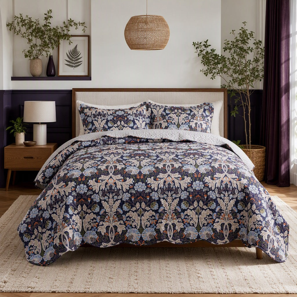 NEW Anthropologie Purple Floral Queen / King Quilt Bedspread Bedding & Sham Set