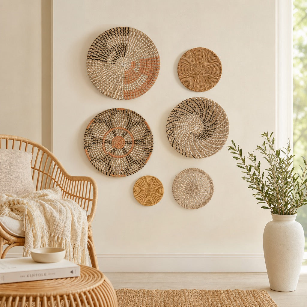 NEW West Elm XL Woven Wicker Rattan Seagrass Boho Wall Hanging Baskets - Set / 6