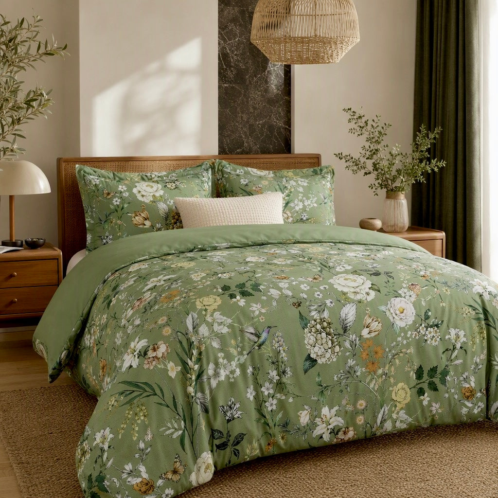 NEW Anthropologie Vintage Green Floral Bird Queen King Duvet Bedding & Sham Set