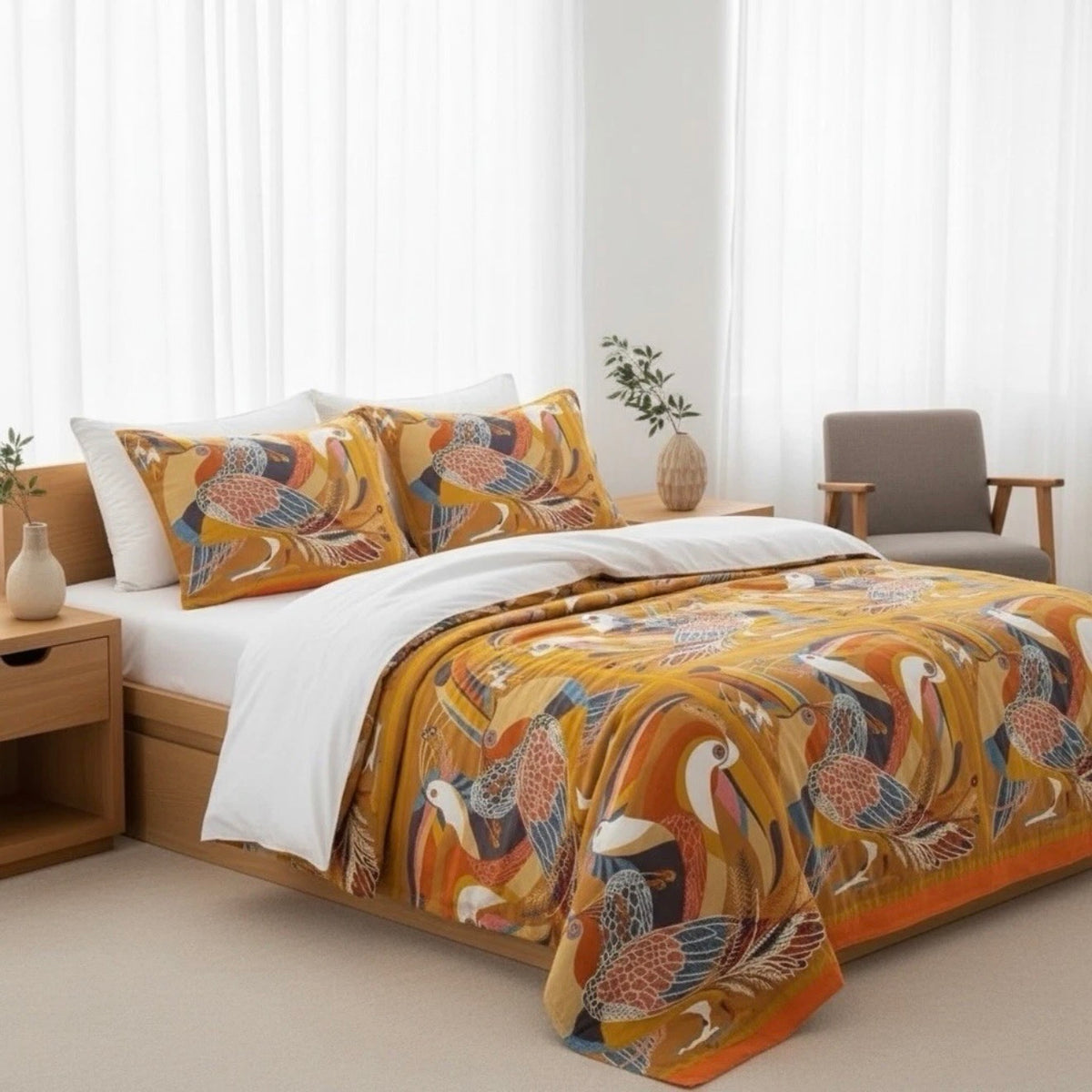 NEW Anthropologie Multi-Size Orange Bird Cotton Throw Blanket Bedspread Quilt