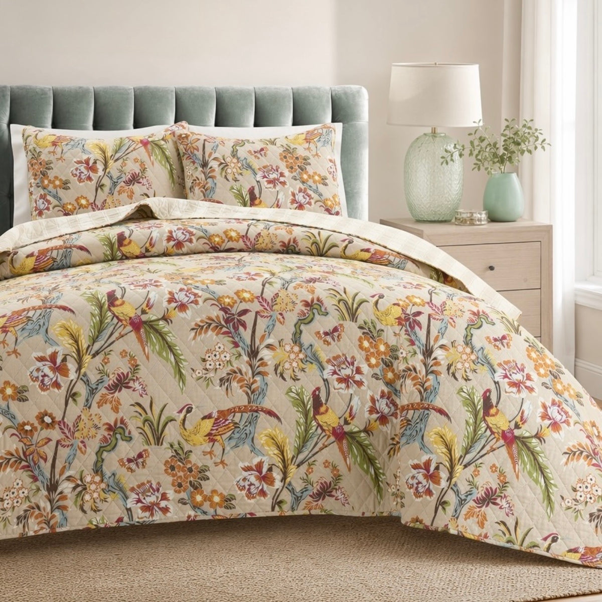NEW Anthropologie Queen / King Cotton Boho Bird Quilt Bedspread Bedding Sham Set