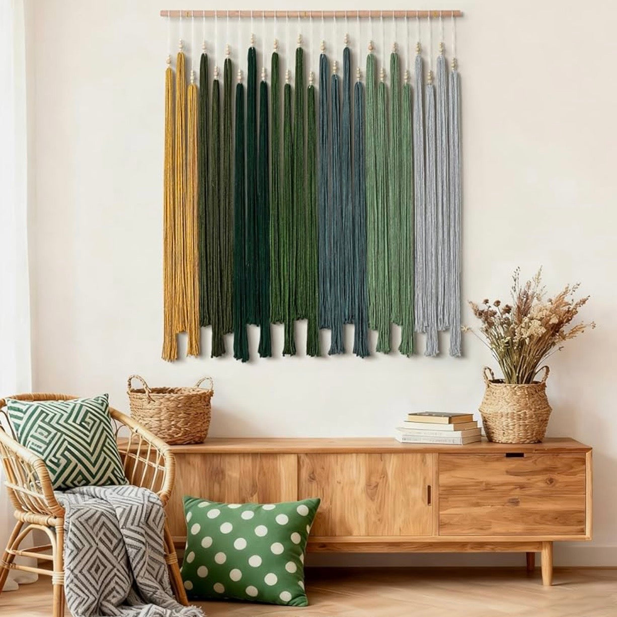 NEW Anthropologie XL Green Boho Tapestry Macrame Dyed Yarn Wall Hanging 40 x 45