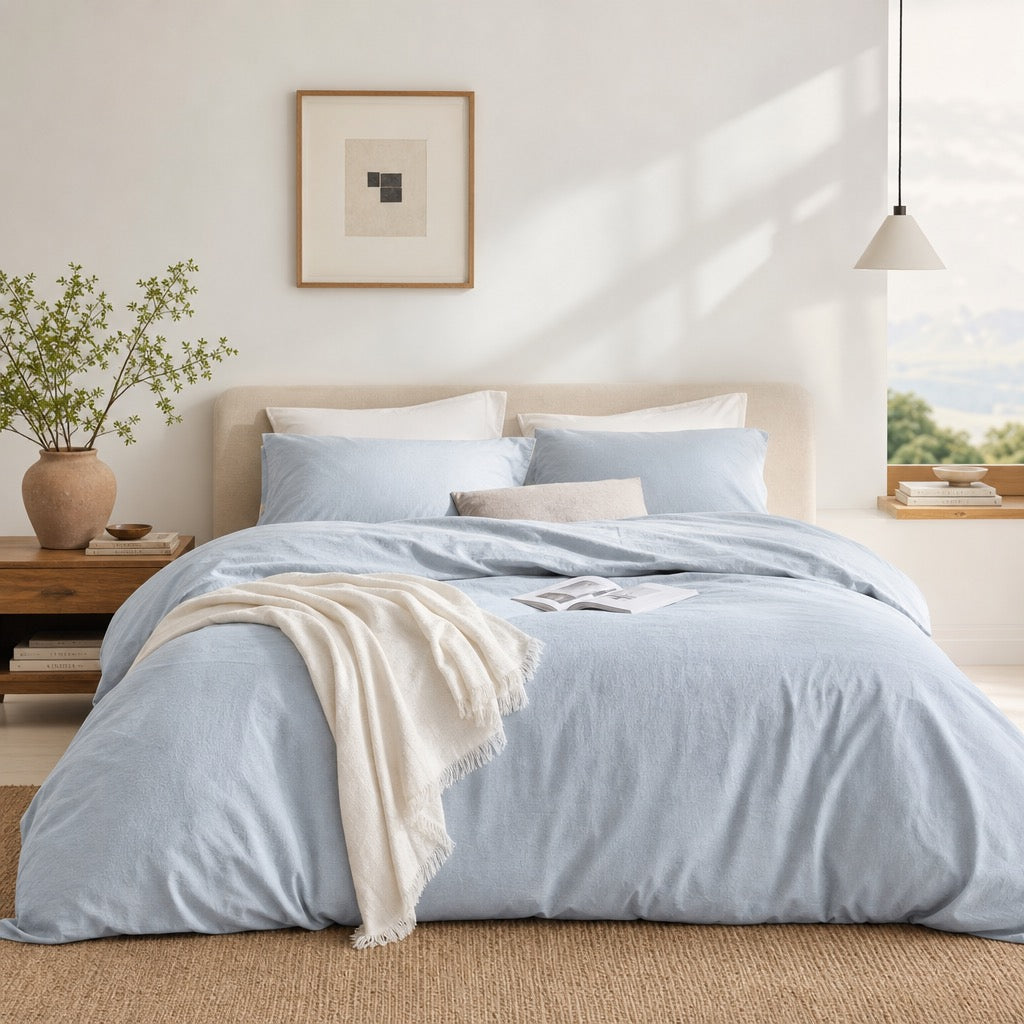 NEW West Elm Light Blue Solid 100% Cotton King / Queen Bedding Duvet & Sham Set