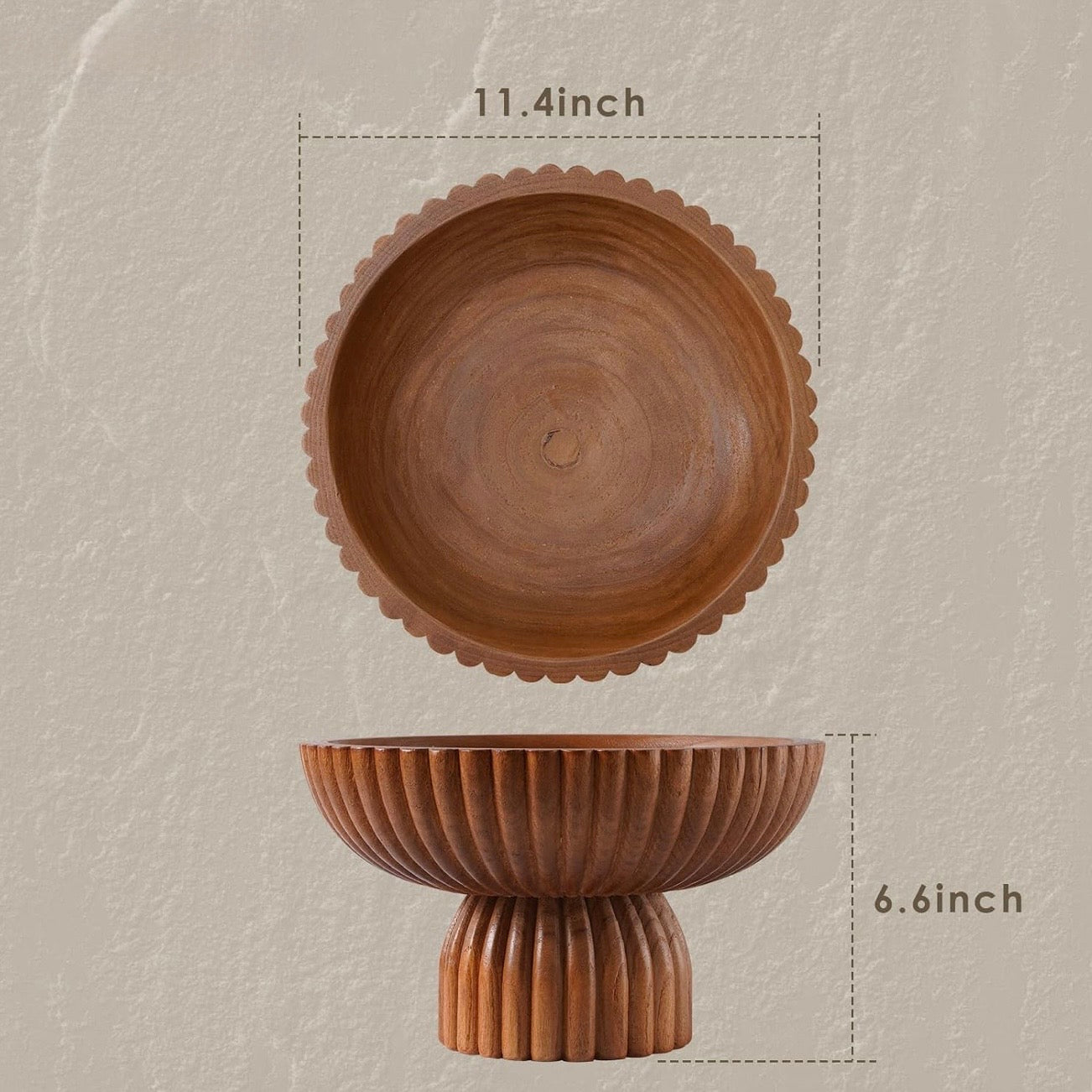 NEW West Elm Large Wood Boho Carved Scalloped Decorative Fruit Bowl Centerpiece