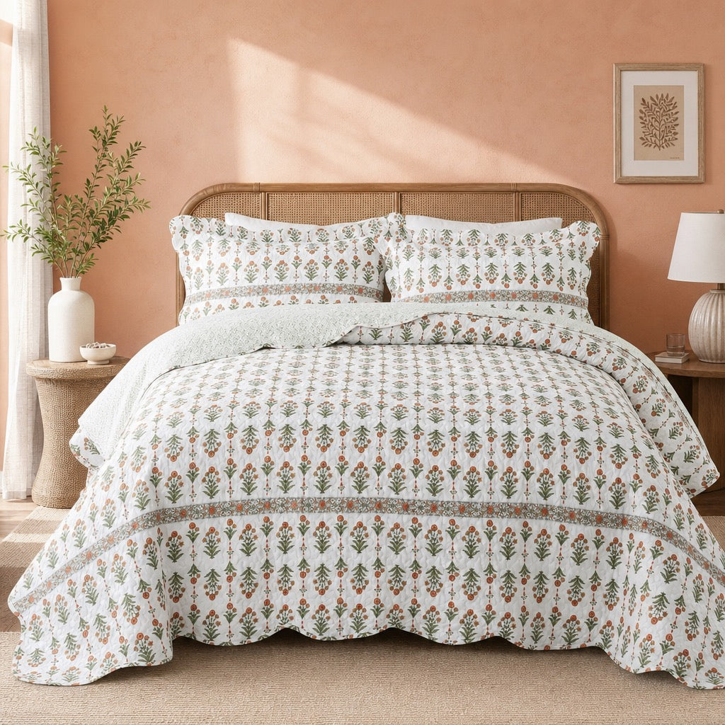 NEW Anthropologie Coral & White Floral Queen / King Bedding Quilt & Sham Set