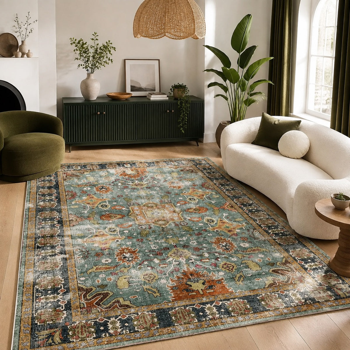 Blue Moroccan floral boho area rug with teal, orange, and navy patterns laid on wood floors in a living room with a white sofa and green cabinet.