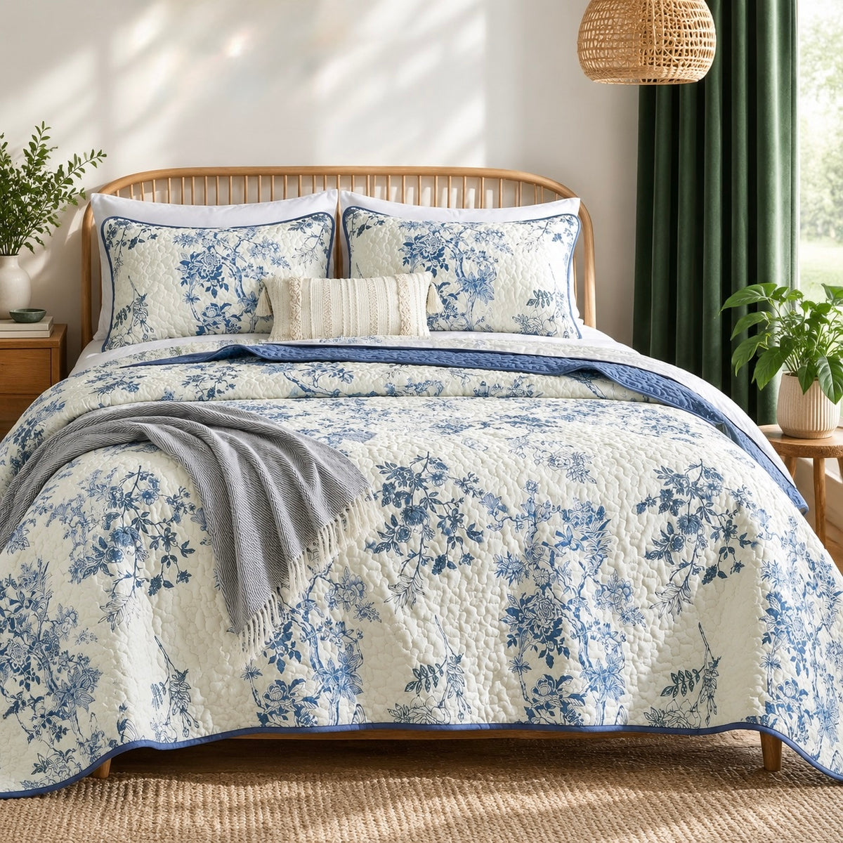 NEW Anthropologie Blue & White Vintage Floral Quilt Coverlet Bedding Sham & Set