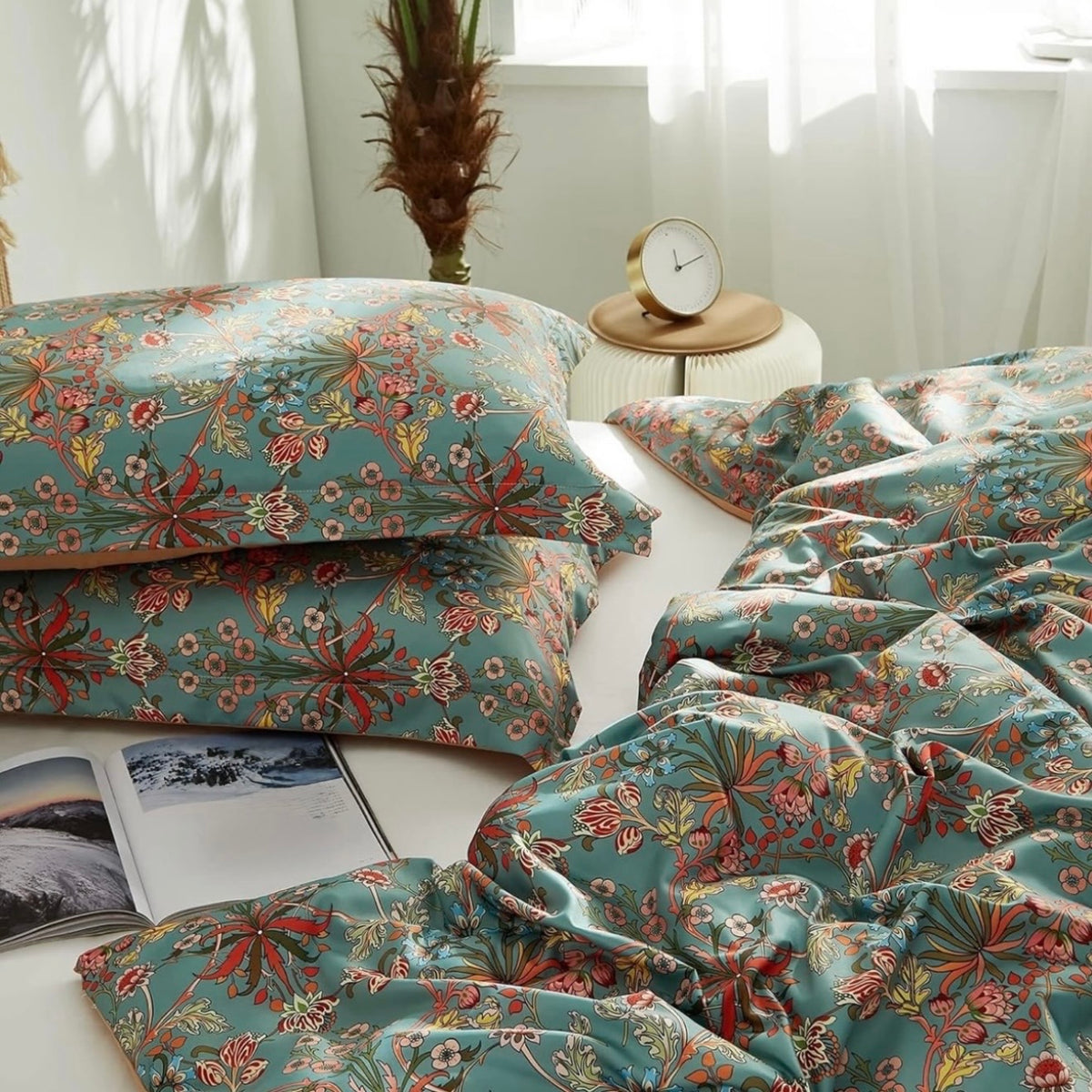 NEW Anthropologie Teal Orange Floral Boho Cotton Queen / King Bedding Duvet & Sham Set