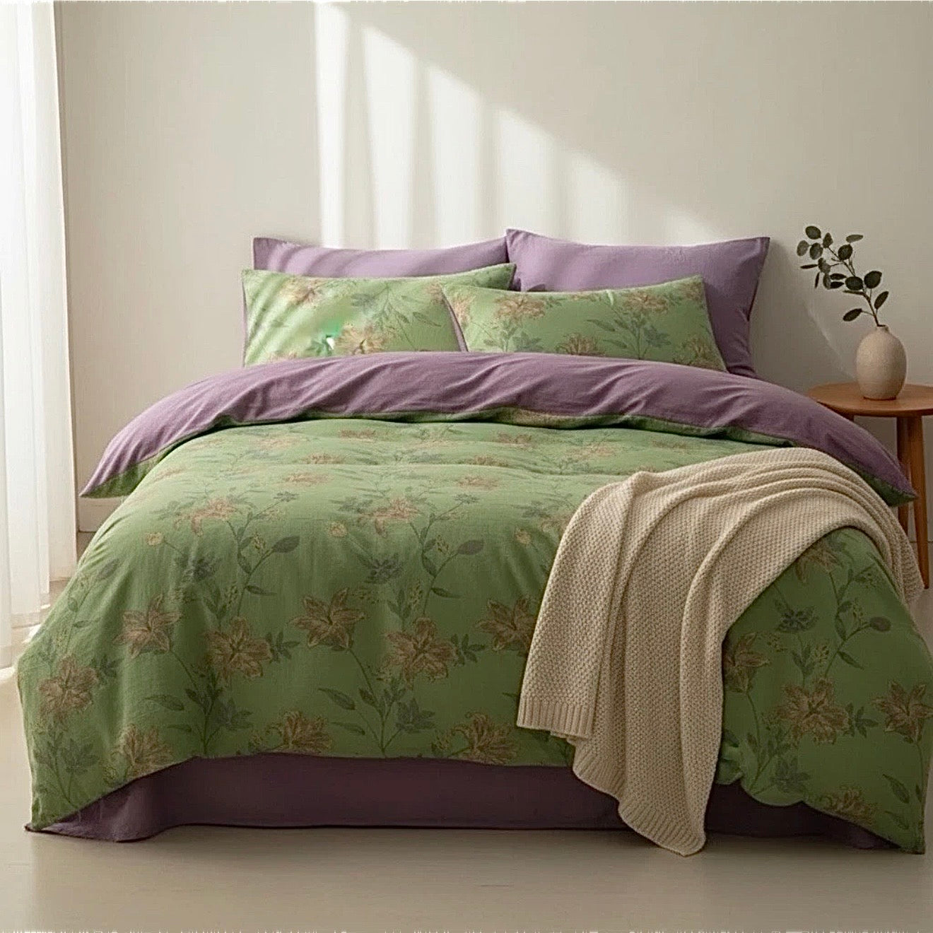 NEW 7-piece Anthropologie Green Purple Floral Cotton Queen / King Bedding Duvet, Sham & Sheet Set