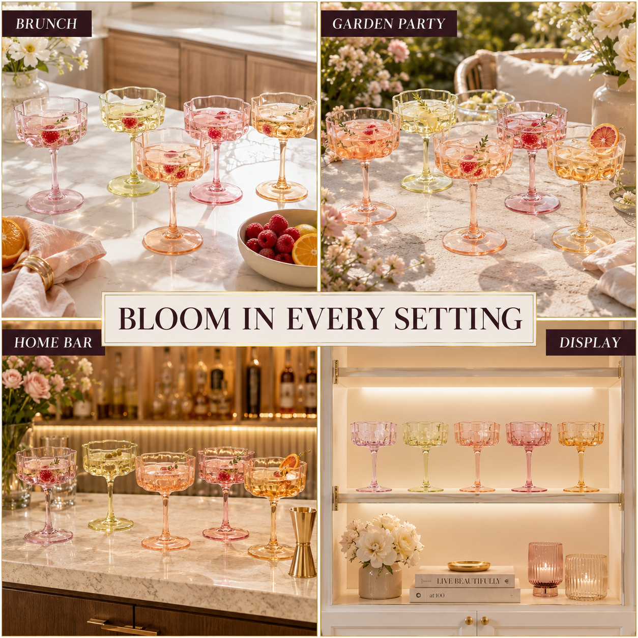 Flower Wave Coupe Cocktail Colored Glasses | Set of 5 | Fall/Holiday Colors