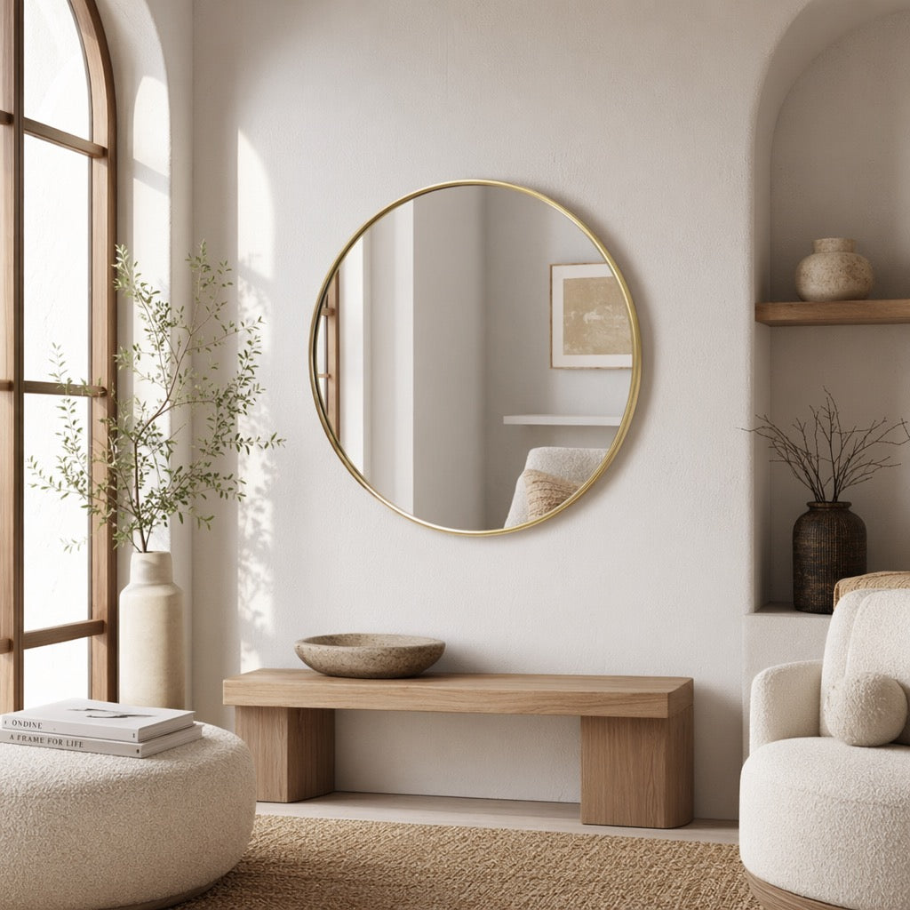 NEW West Elm Gold Circle Round Metal Framed Boho Wall Entry Mirror - 20" x 20"