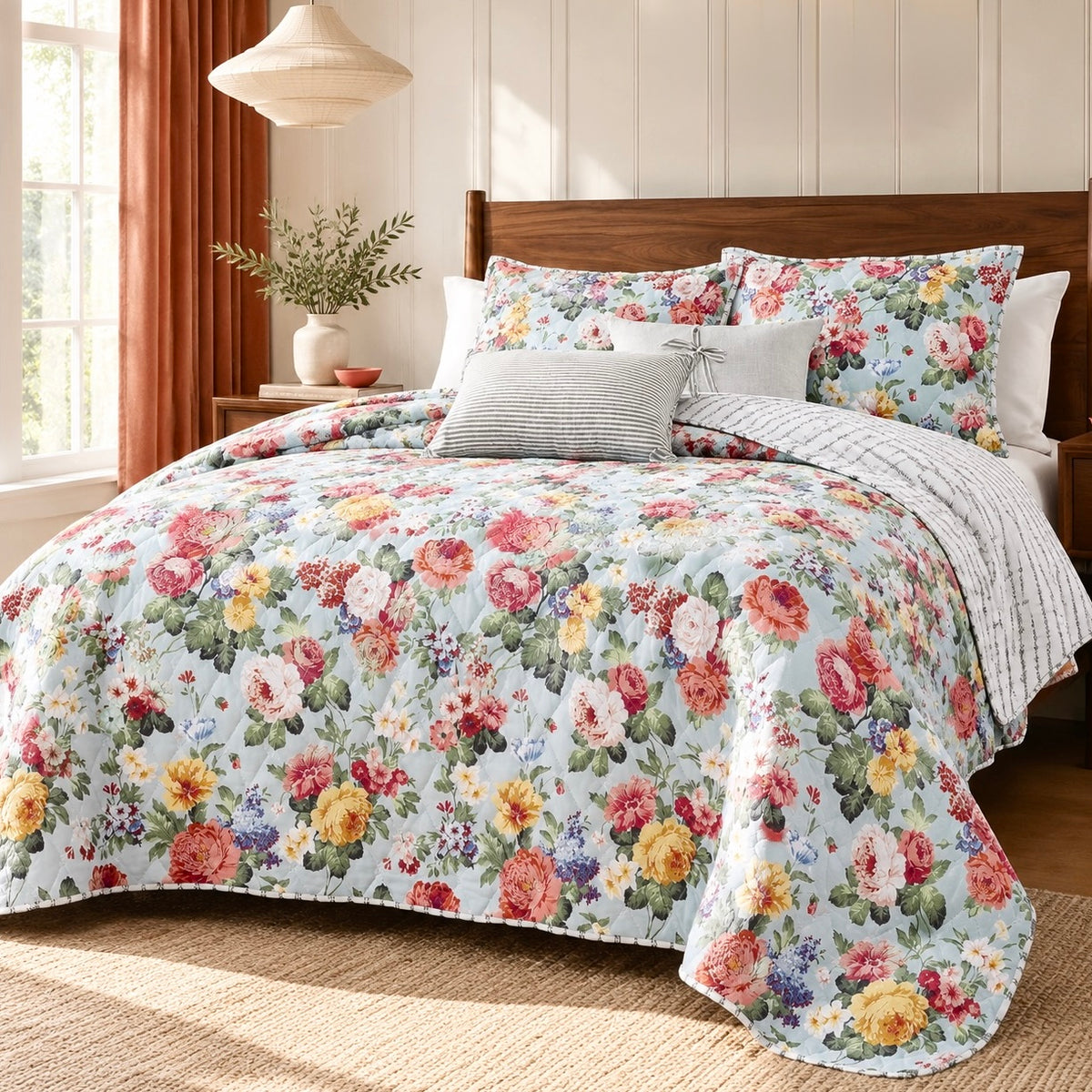 NEW Anthropologie Colorful Vintage Floral Stitch Quilt Coverlet Bedding Sham Set