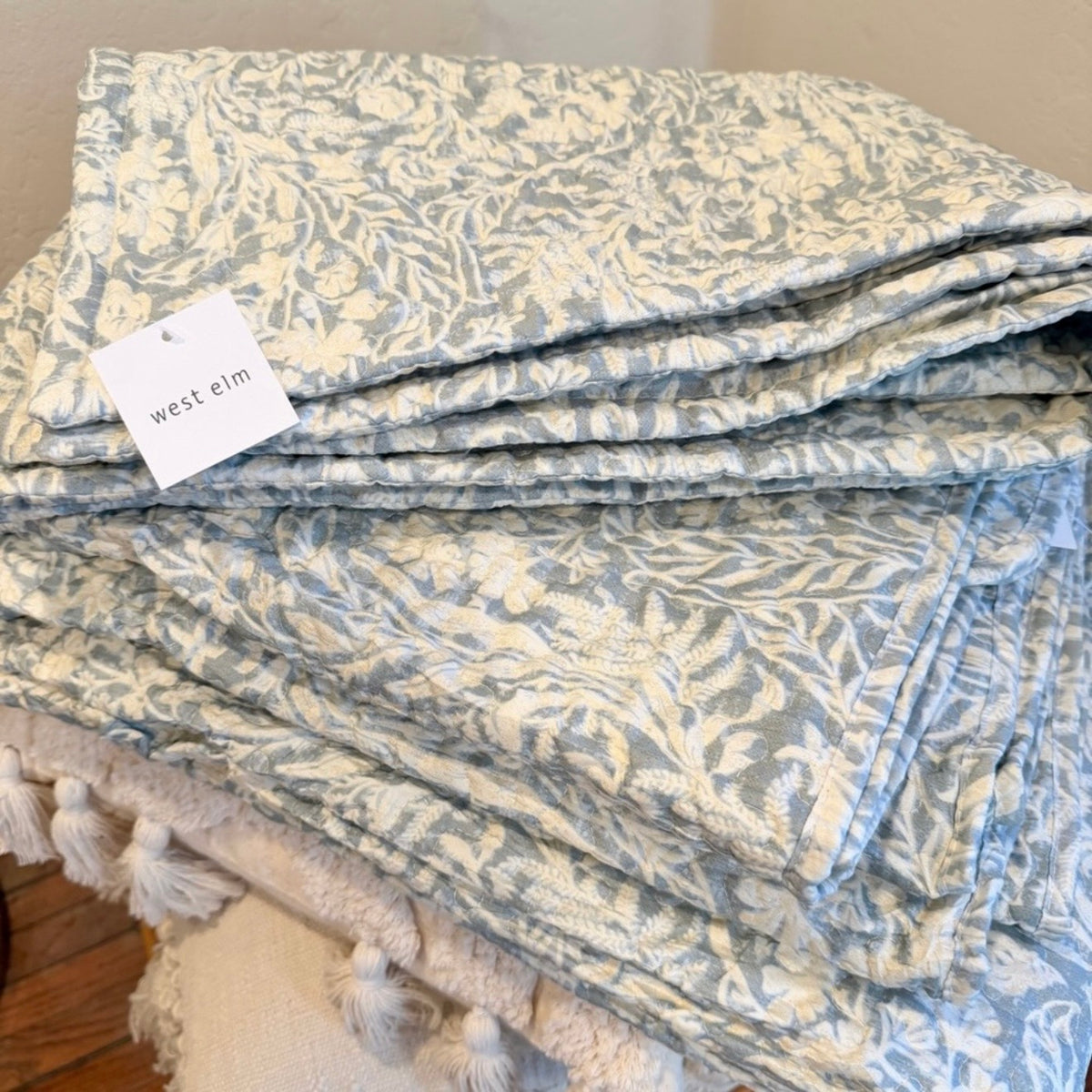 NEW West Elm Blue Botanical Boho Print Queen / King Bedding Quilt & Sham Set