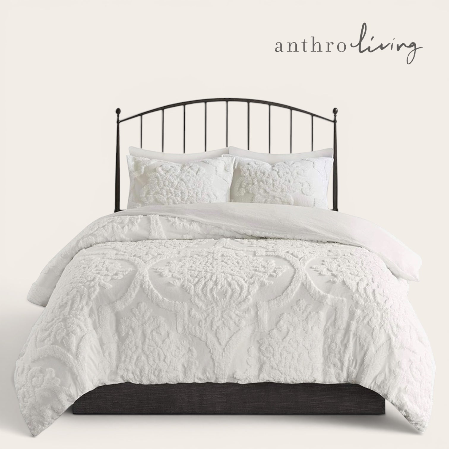 NEW Anthropologie White King Chenille Damask Duvet Bedspread Bedding & Sham Set