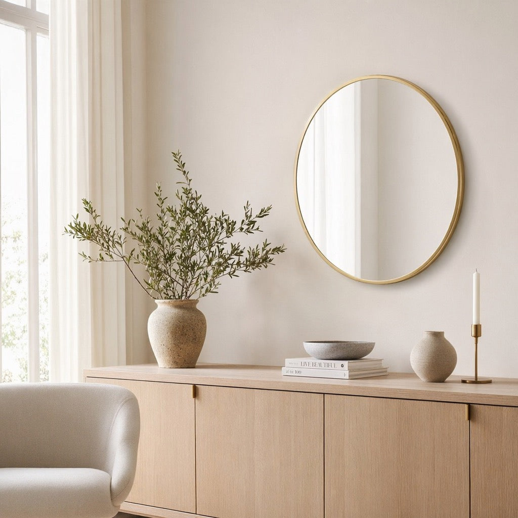 NEW West Elm Gold Circle Round Metal Framed Boho Wall Entry Mirror - 20" x 20"