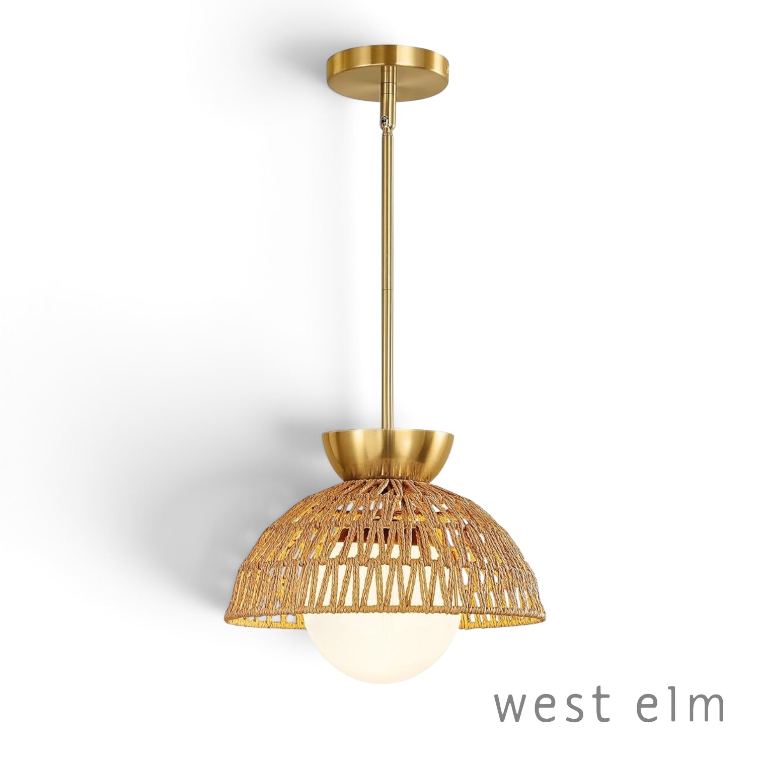 NEW West Elm Gold & Rattan Glass Globe Woven Hanging Boho Pendant Light Fixture