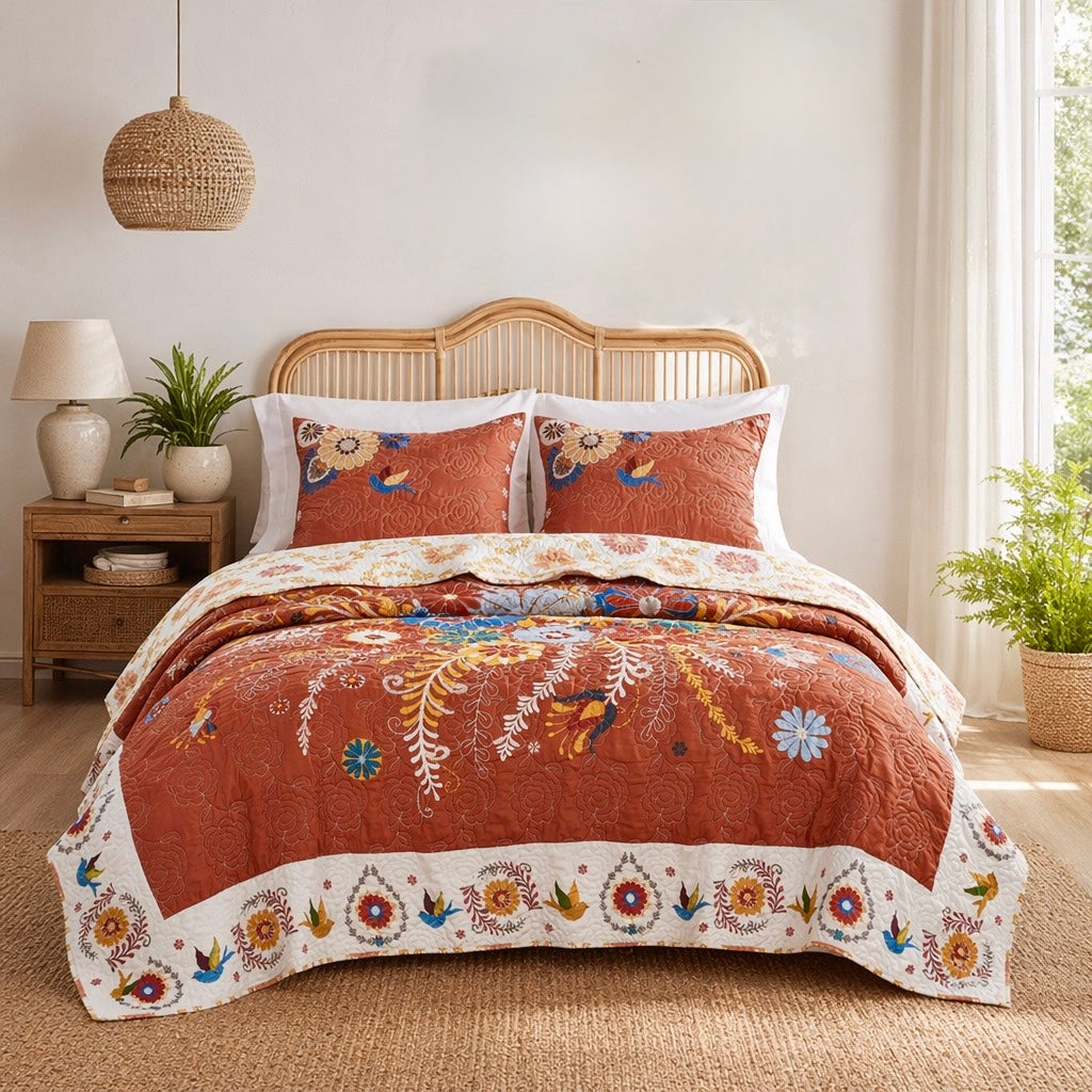 NEW Anthropologie Red Queen Floral Boho Reversible Quilt Bedspread Blanket Sham Set