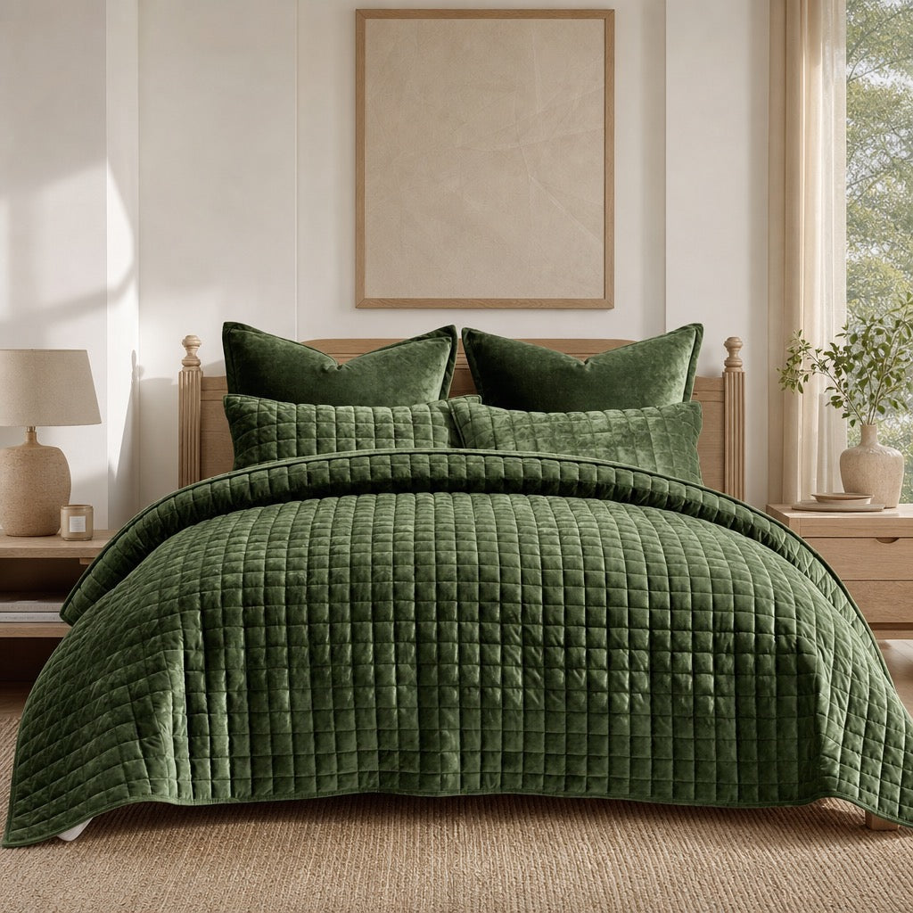 NEW West Elm Green Velvet Luxury Queen / King Size Bedding Comforter & Sham Set