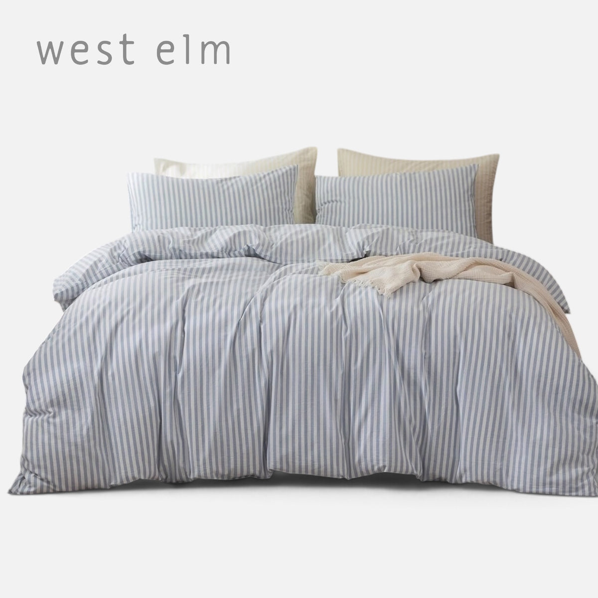 NEW West Elm White & Blue Striped Cotton Simple Modern Bedding Duvet & Sham Set