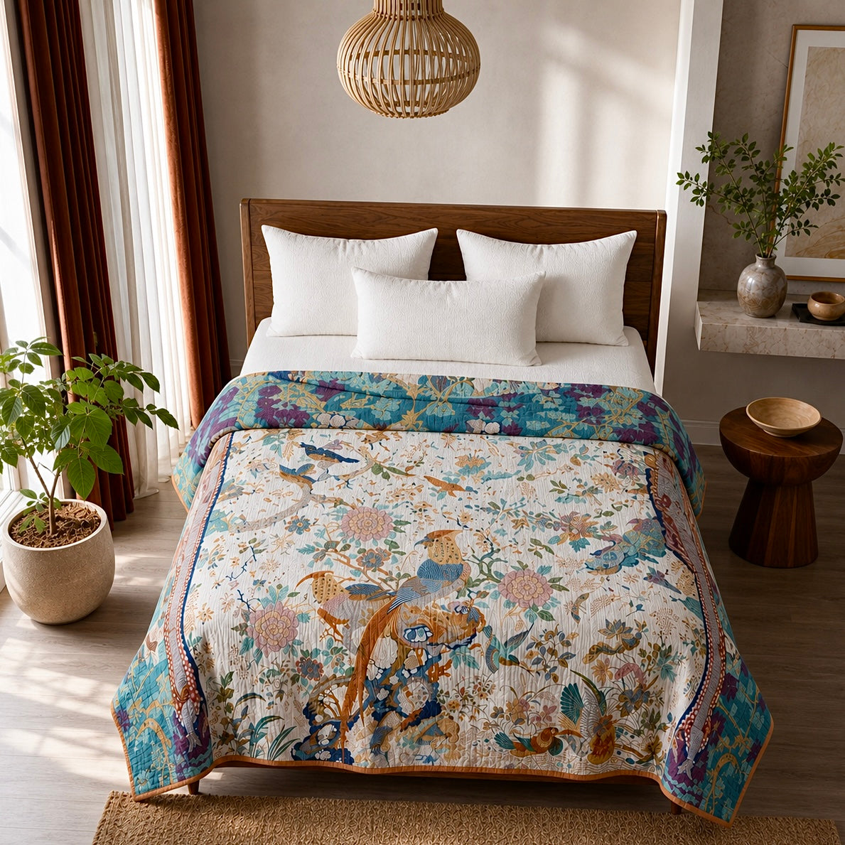 NEW Anthro Reversible Boho Bird Cotton Bedspread Blanket Quilt - Multiple Sizes