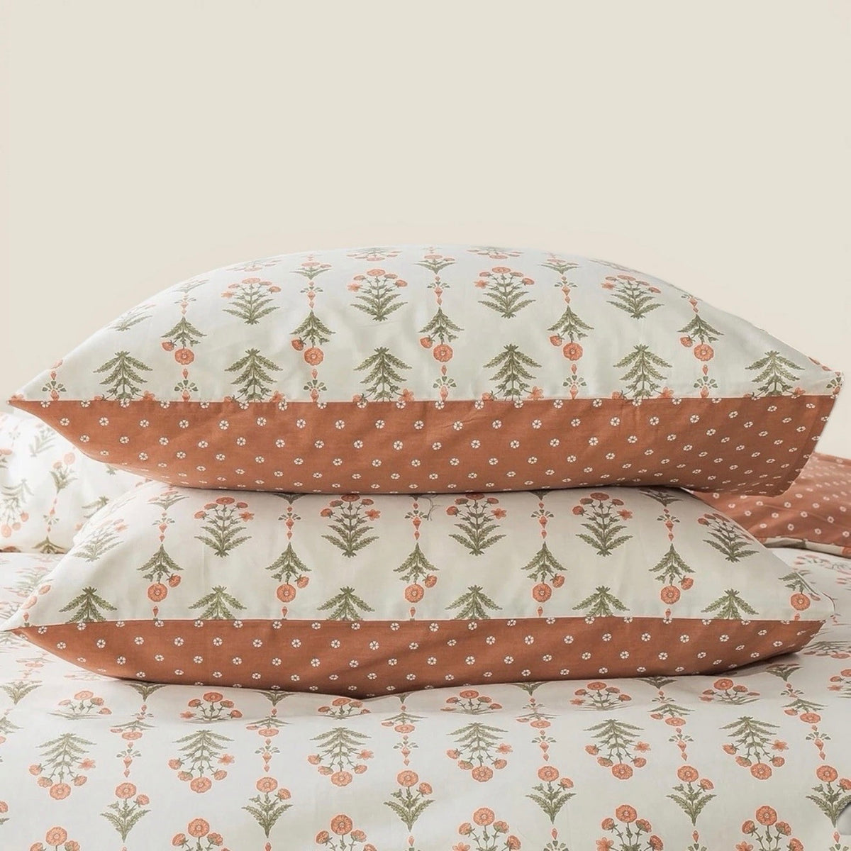 NEW Anthropologie White & Coral Boho Cotton Floral Retro Bedding Duvet Sham Set