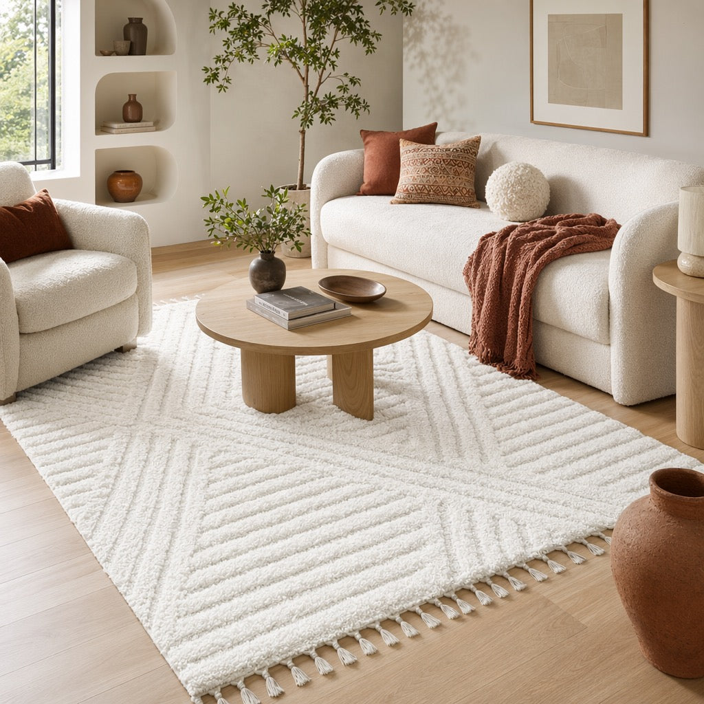 NEW West Elm White Cream Boho Tassel Geometric Shag Area Rug Carpet - 4' x 6'