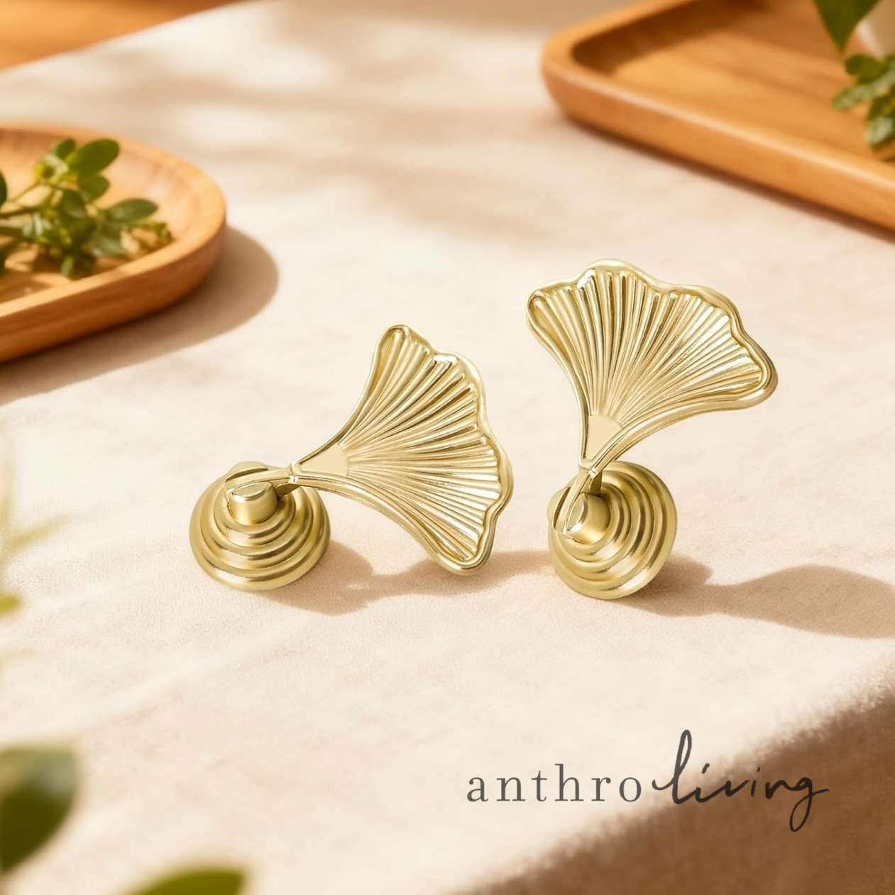 NEW Anthropologie (Set of 4) Gold Leaf Boho Cabinet Knobs Drawer Pulls Hardware