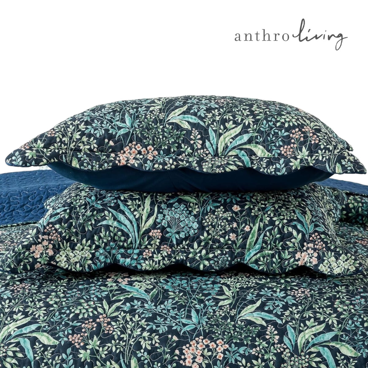 NEW Anthropologie Blue Floral Stitch Queen King Quilt Bedspread Bedding Sham Set