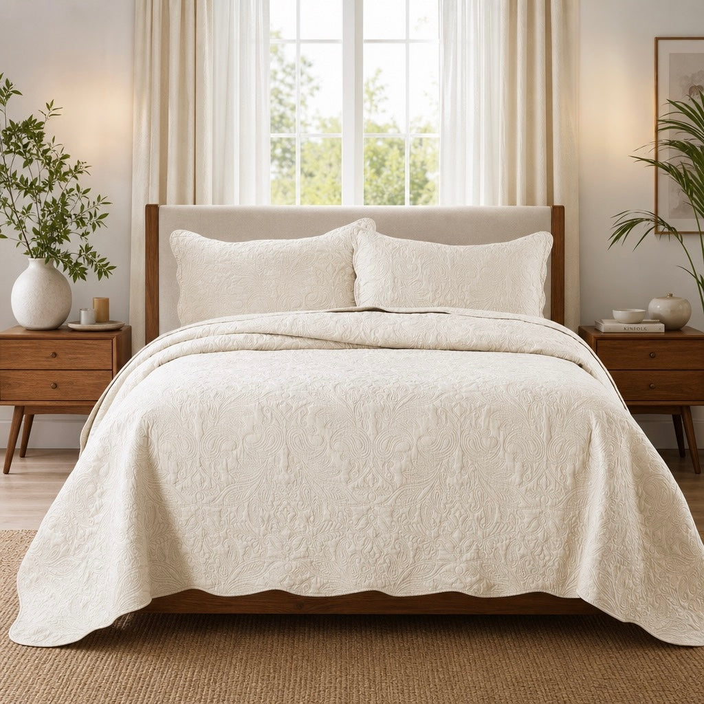 NEW Anthropologie Ivory Queen / King Size Reversible Quilt Bedspread Blanket & Sham Set