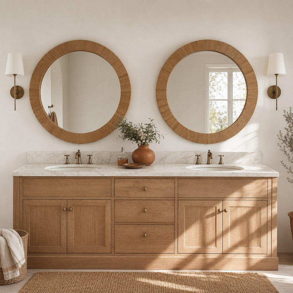 NEW West Elm Large Round Mirror Wicker Wood Boho Wall Hanging Decor - 24” Diam