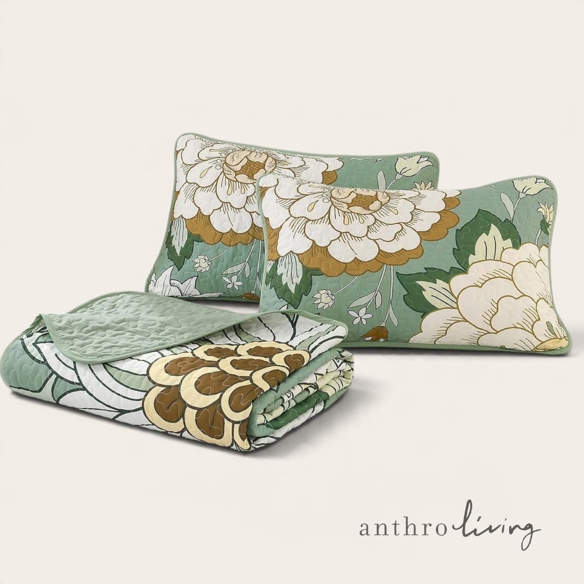NEW Anthropologie Green & Yellow Floral Boho Queen / King Bedding Quilt Sham Set